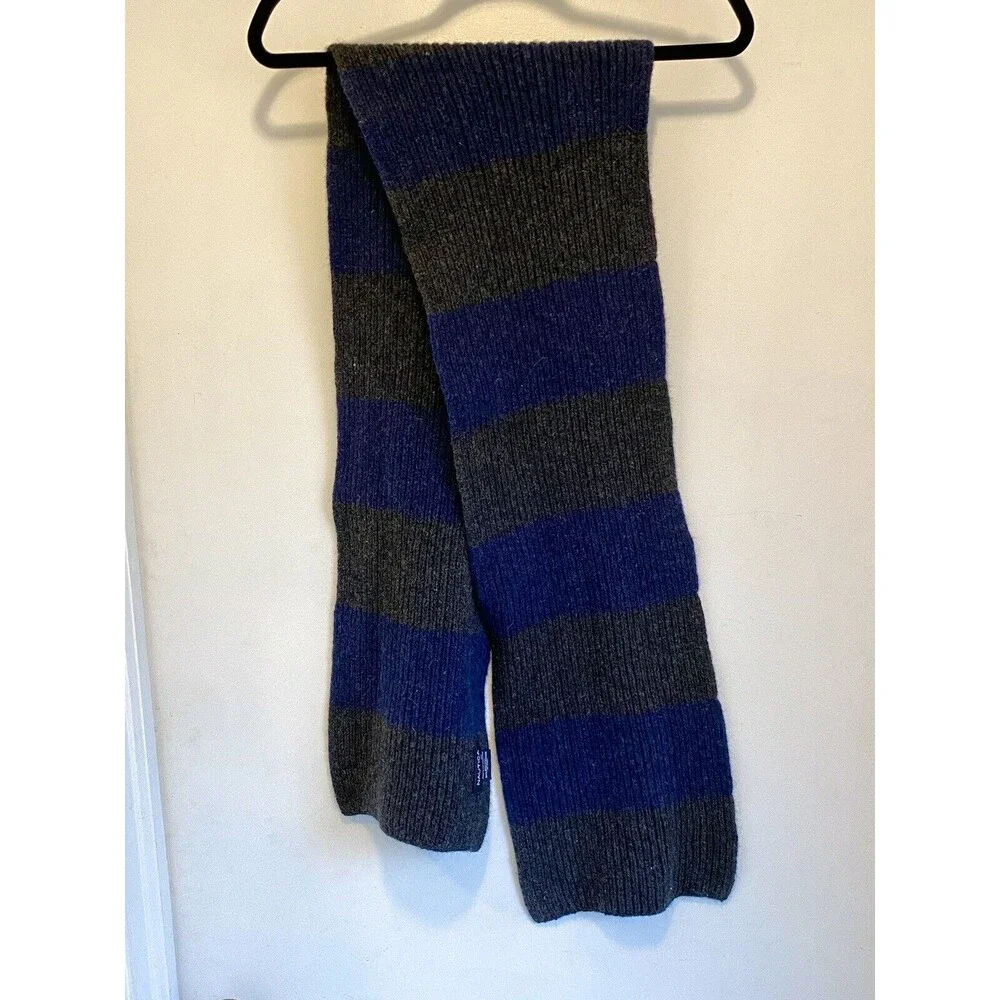 Nautica 100% Wool Knit Scarf Mens Gray Navy Striped Warm Winter